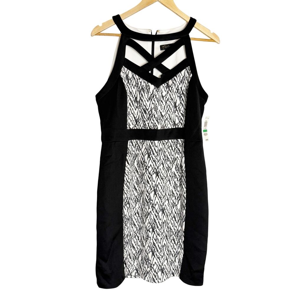 Thalia Sodi Black White Strappy Caged Halter Colorblock Panel Sheath Dress Large